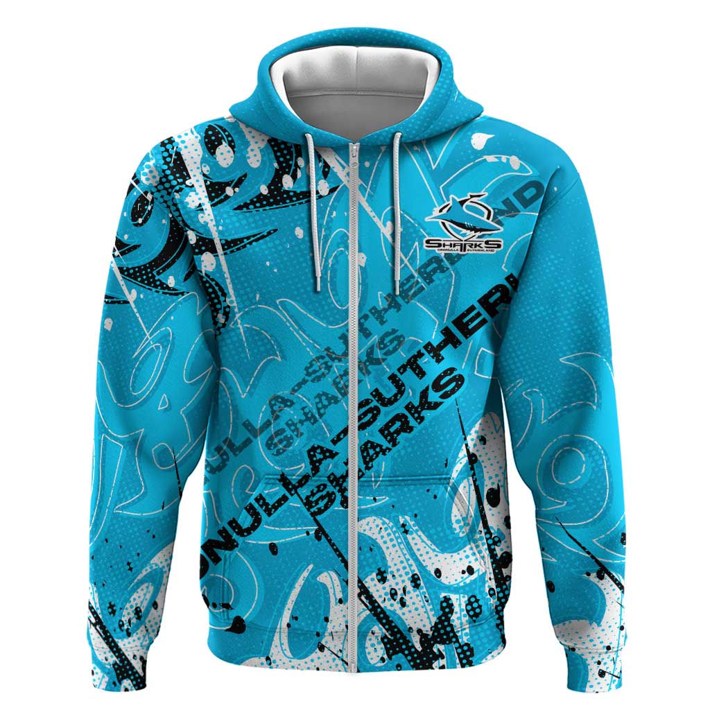 Personalized Cronulla-Sutherland Sharks Rugby Zip Hoodie Urban Street Graffiti Style - Distressed Splatter Elements