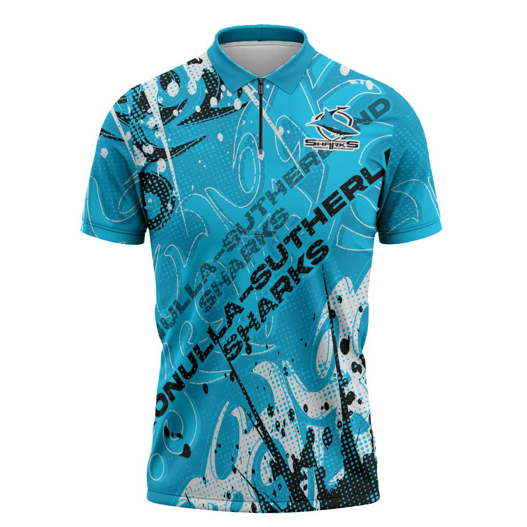 Personalized Cronulla-Sutherland Sharks Rugby Zipper Polo Shirt Urban Street Graffiti Style - Distressed Splatter Elements