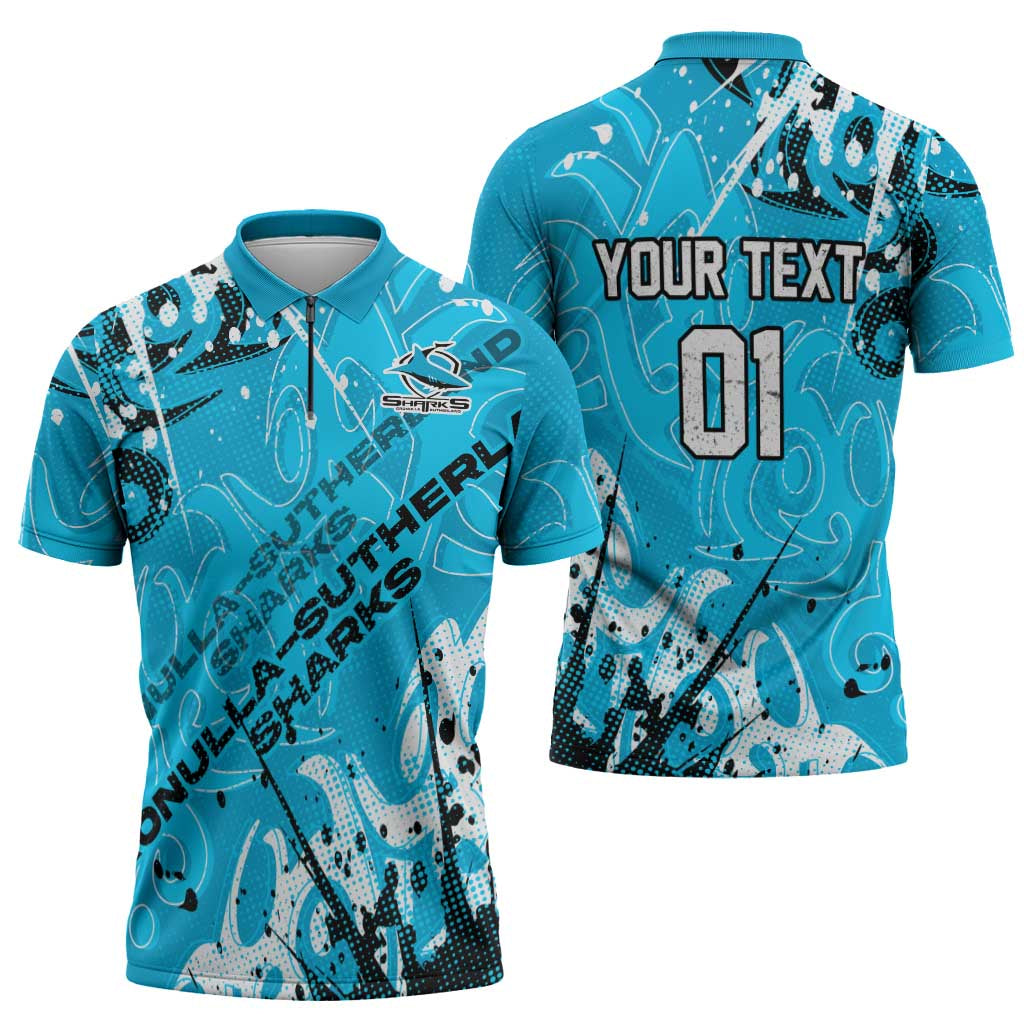 Personalized Cronulla-Sutherland Sharks Rugby Zipper Polo Shirt Urban Street Graffiti Style - Distressed Splatter Elements