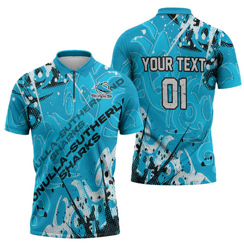 Personalized Cronulla-Sutherland Sharks Rugby Zipper Polo Shirt Urban Street Graffiti Style - Distressed Splatter Elements