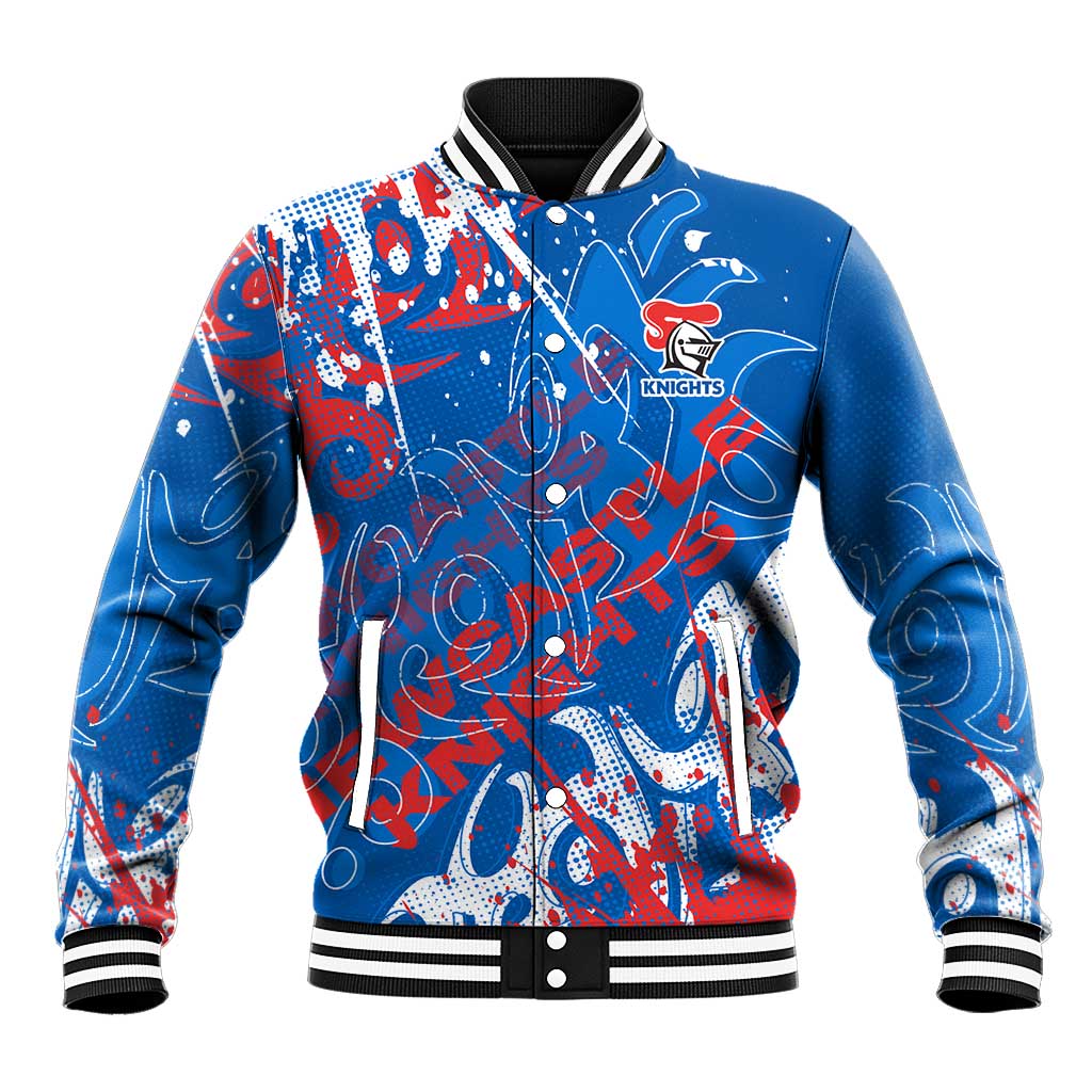 Personalized Newcastle Knights Rugby Baseball Jacket Urban Street Graffiti Style - Distressed Splatter Elements