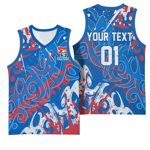 Personalized Newcastle Knights Rugby Basketball Jersey Urban Street Graffiti Style - Distressed Splatter Elements
