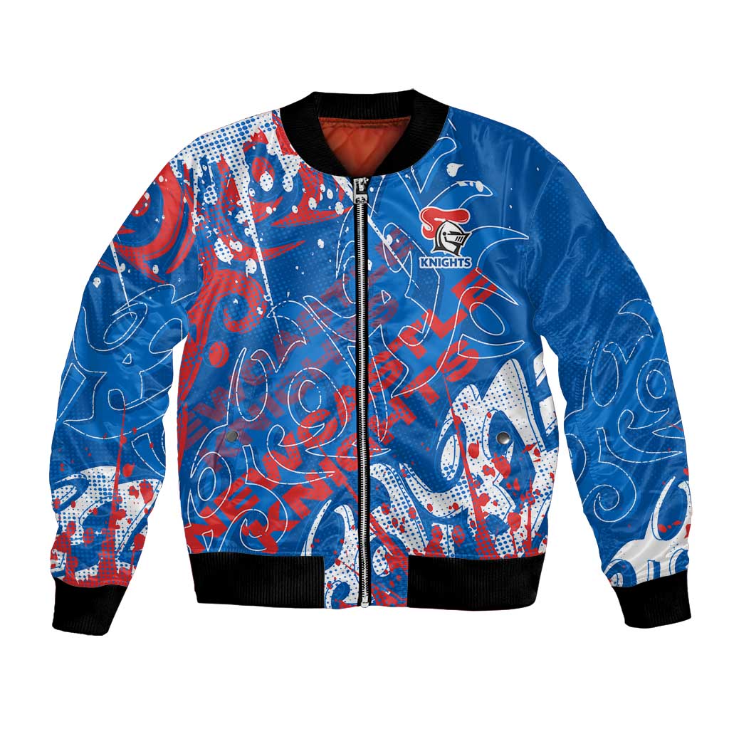 Personalized Newcastle Knights Rugby Bomber Jacket Urban Street Graffiti Style - Distressed Splatter Elements