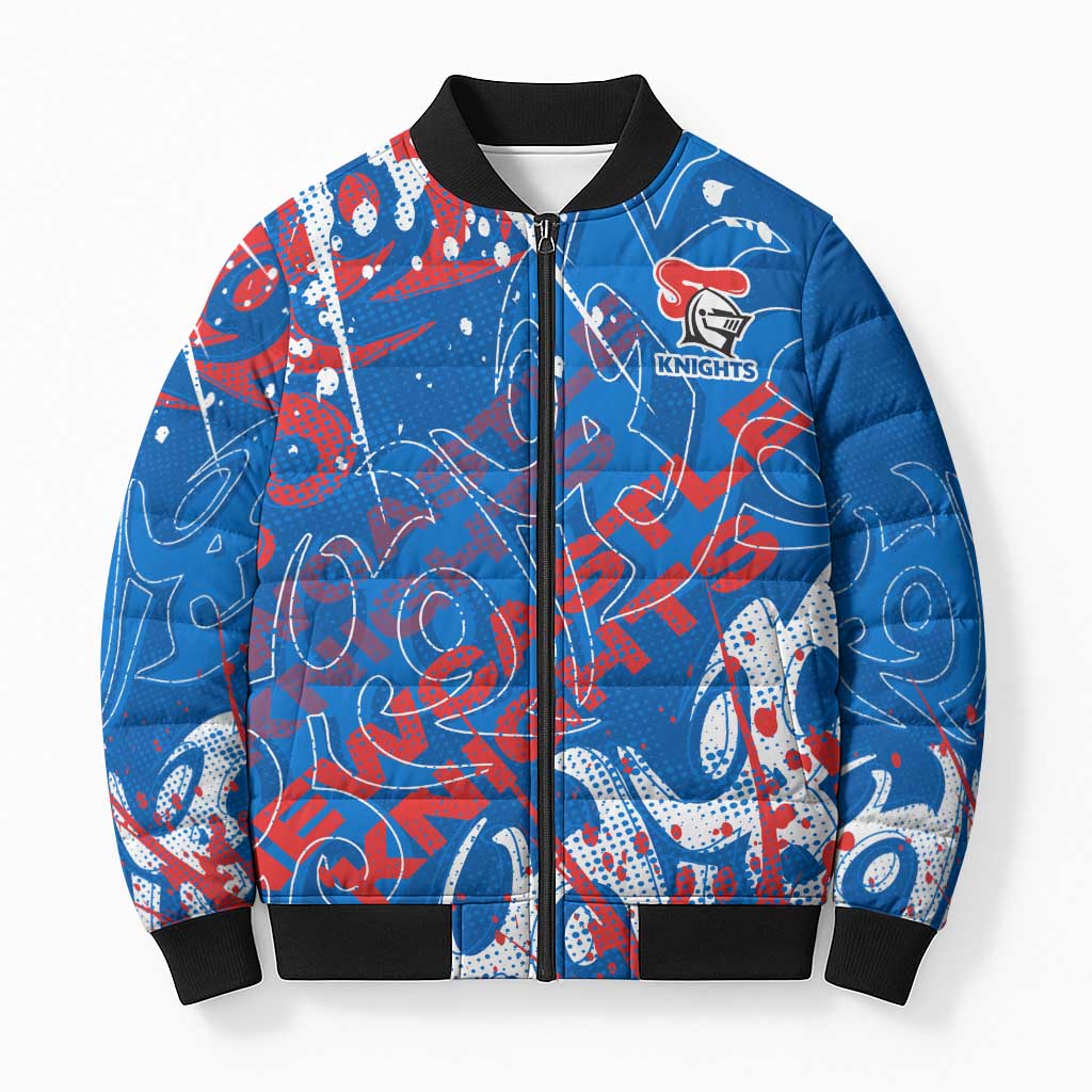 Personalized Newcastle Knights Rugby Bomber Puffer Jacket Urban Street Graffiti Style - Distressed Splatter Elements