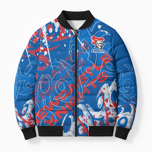 Personalized Newcastle Knights Rugby Bomber Puffer Jacket Urban Street Graffiti Style - Distressed Splatter Elements