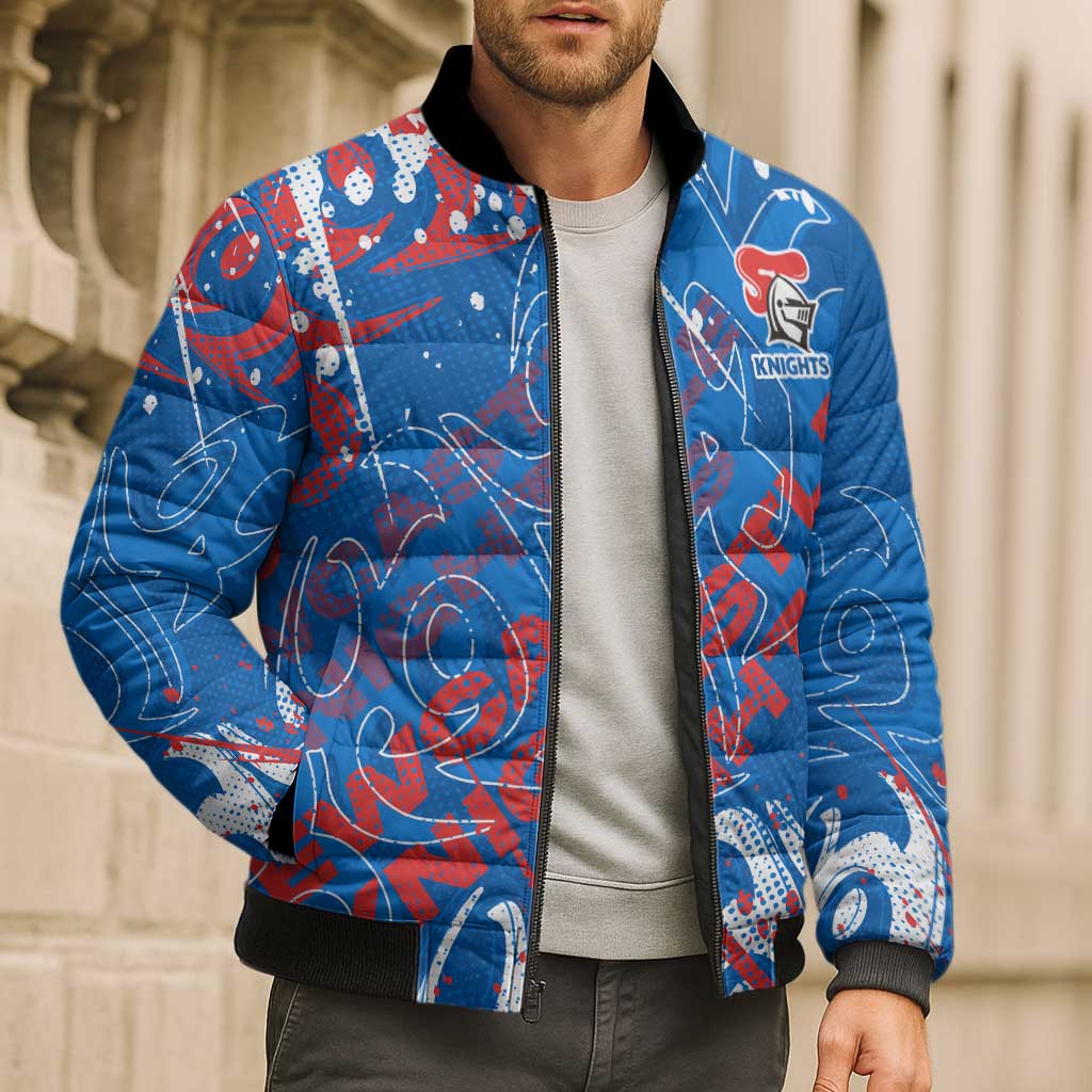 Personalized Newcastle Knights Rugby Bomber Puffer Jacket Urban Street Graffiti Style - Distressed Splatter Elements