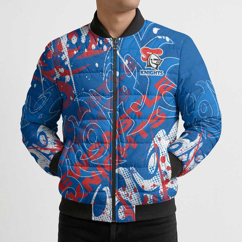 Personalized Newcastle Knights Rugby Bomber Puffer Jacket Urban Street Graffiti Style - Distressed Splatter Elements