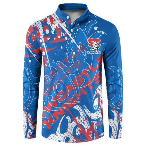 Personalized Newcastle Knights Rugby Button Sweatshirt Urban Street Graffiti Style - Distressed Splatter Elements
