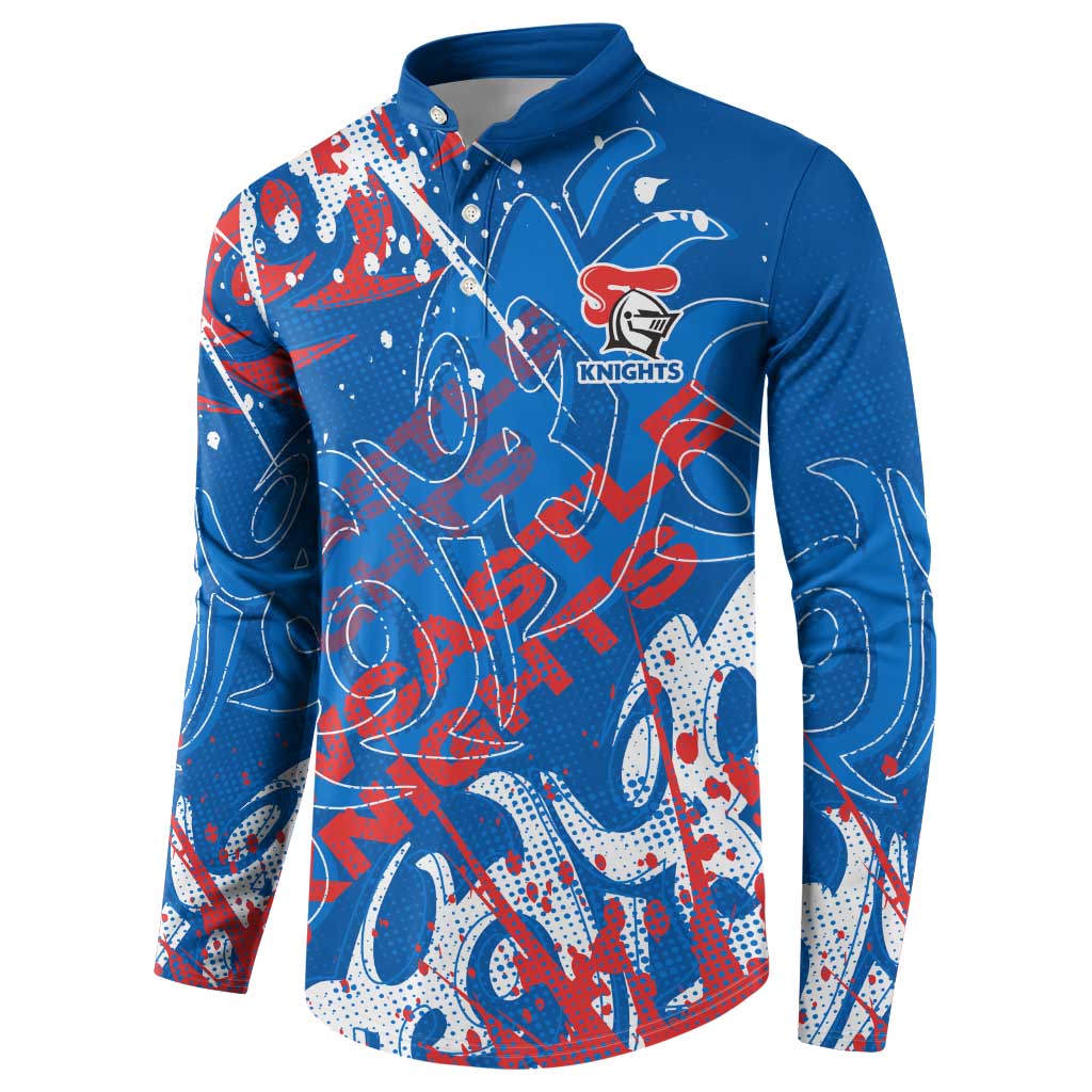 Personalized Newcastle Knights Rugby Button Sweatshirt Urban Street Graffiti Style - Distressed Splatter Elements