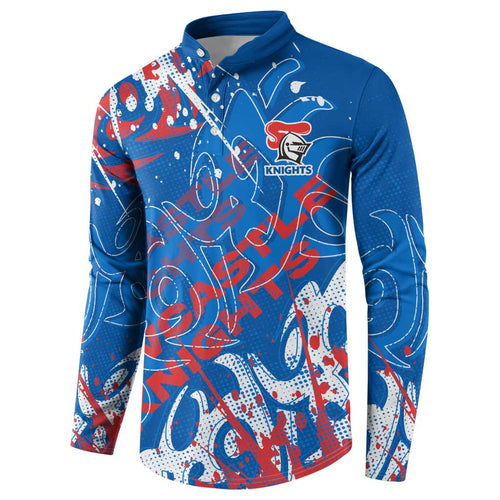 Personalized Newcastle Knights Rugby Button Sweatshirt Urban Street Graffiti Style - Distressed Splatter Elements