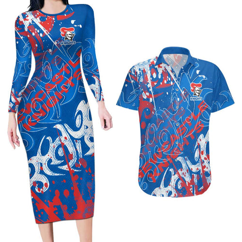 Personalized Newcastle Knights Rugby Couples Matching Long Sleeve Bodycon Dress and Hawaiian Shirt Urban Street Graffiti Style - Distressed Splatter Elements