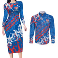 Personalized Newcastle Knights Rugby Couples Matching Long Sleeve Bodycon Dress and Long Sleeve Button Shirt Urban Street Graffiti Style - Distressed Splatter Elements