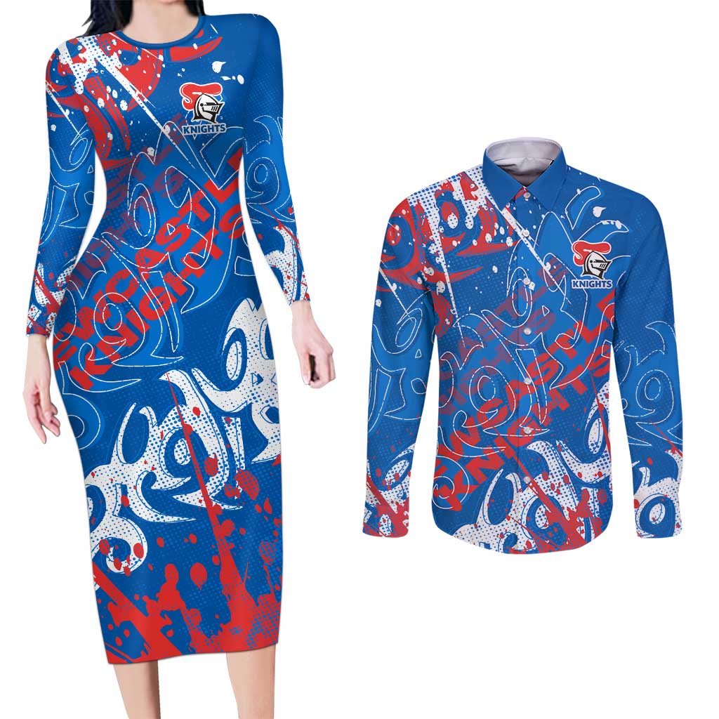 Personalized Newcastle Knights Rugby Couples Matching Long Sleeve Bodycon Dress and Long Sleeve Button Shirt Urban Street Graffiti Style - Distressed Splatter Elements
