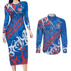 Personalized Newcastle Knights Rugby Couples Matching Long Sleeve Bodycon Dress and Long Sleeve Button Shirt Urban Street Graffiti Style - Distressed Splatter Elements