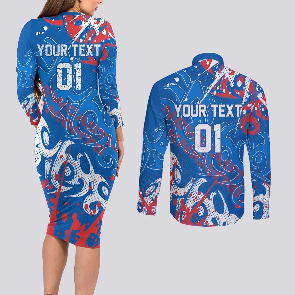 Personalized Newcastle Knights Rugby Couples Matching Long Sleeve Bodycon Dress and Long Sleeve Button Shirt Urban Street Graffiti Style - Distressed Splatter Elements