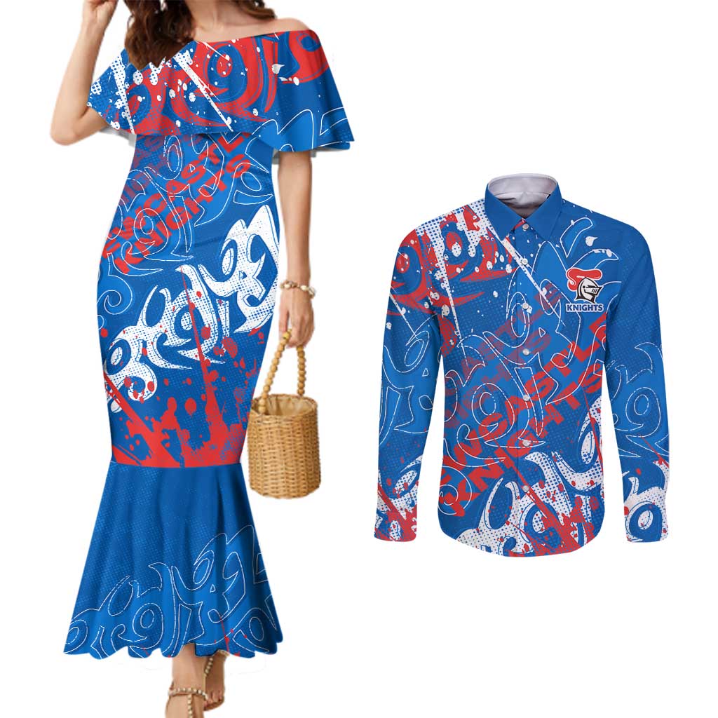 Personalized Newcastle Knights Rugby Couples Matching Mermaid Dress and Long Sleeve Button Shirt Urban Street Graffiti Style - Distressed Splatter Elements