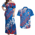 Personalized Newcastle Knights Rugby Couples Matching Off Shoulder Maxi Dress and Hawaiian Shirt Urban Street Graffiti Style - Distressed Splatter Elements