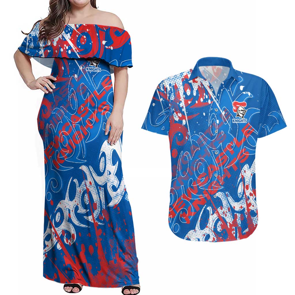 Personalized Newcastle Knights Rugby Couples Matching Off Shoulder Maxi Dress and Hawaiian Shirt Urban Street Graffiti Style - Distressed Splatter Elements