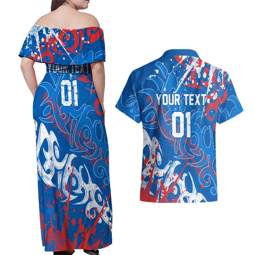 Personalized Newcastle Knights Rugby Couples Matching Off Shoulder Maxi Dress and Hawaiian Shirt Urban Street Graffiti Style - Distressed Splatter Elements