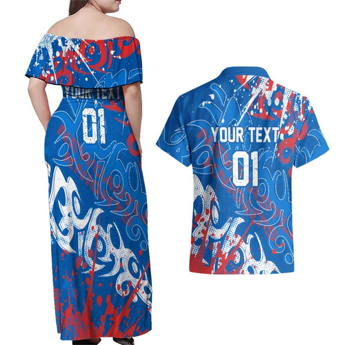 Personalized Newcastle Knights Rugby Couples Matching Off Shoulder Maxi Dress and Hawaiian Shirt Urban Street Graffiti Style - Distressed Splatter Elements