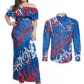 Personalized Newcastle Knights Rugby Couples Matching Off Shoulder Maxi Dress and Long Sleeve Button Shirt Urban Street Graffiti Style - Distressed Splatter Elements