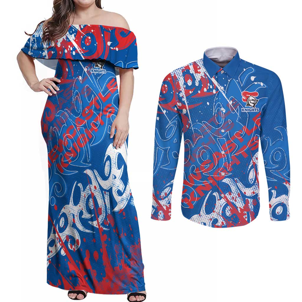 Personalized Newcastle Knights Rugby Couples Matching Off Shoulder Maxi Dress and Long Sleeve Button Shirt Urban Street Graffiti Style - Distressed Splatter Elements