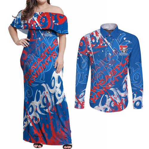 Personalized Newcastle Knights Rugby Couples Matching Off Shoulder Maxi Dress and Long Sleeve Button Shirt Urban Street Graffiti Style - Distressed Splatter Elements