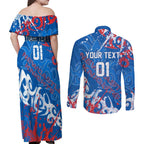 Personalized Newcastle Knights Rugby Couples Matching Off Shoulder Maxi Dress and Long Sleeve Button Shirt Urban Street Graffiti Style - Distressed Splatter Elements