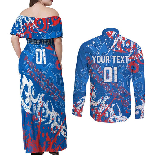 Personalized Newcastle Knights Rugby Couples Matching Off Shoulder Maxi Dress and Long Sleeve Button Shirt Urban Street Graffiti Style - Distressed Splatter Elements