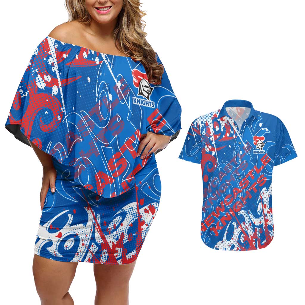 Personalized Newcastle Knights Rugby Couples Matching Off Shoulder Short Dress and Hawaiian Shirt Urban Street Graffiti Style - Distressed Splatter Elements