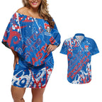 Personalized Newcastle Knights Rugby Couples Matching Off Shoulder Short Dress and Hawaiian Shirt Urban Street Graffiti Style - Distressed Splatter Elements