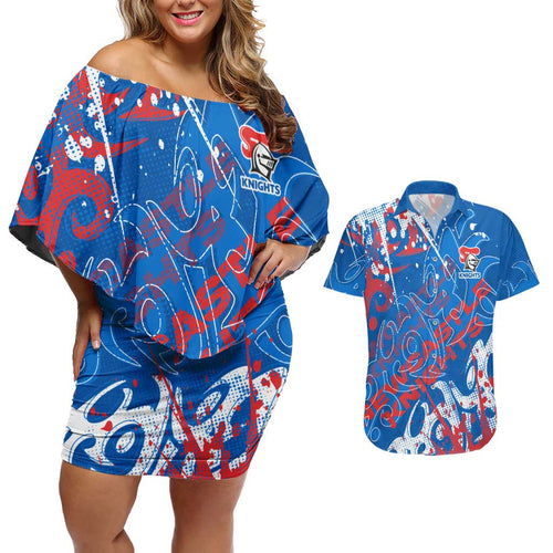Personalized Newcastle Knights Rugby Couples Matching Off Shoulder Short Dress and Hawaiian Shirt Urban Street Graffiti Style - Distressed Splatter Elements