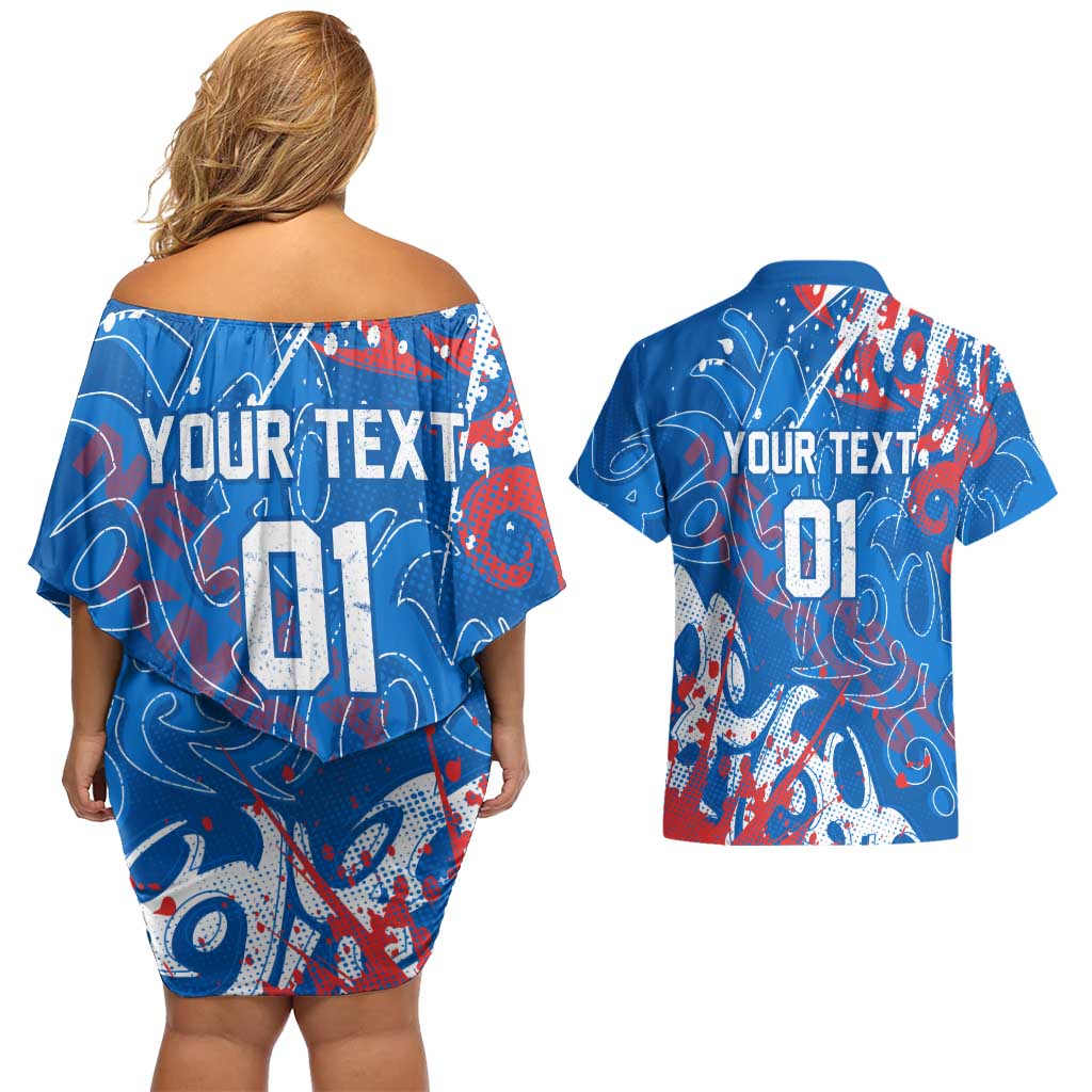 Personalized Newcastle Knights Rugby Couples Matching Off Shoulder Short Dress and Hawaiian Shirt Urban Street Graffiti Style - Distressed Splatter Elements