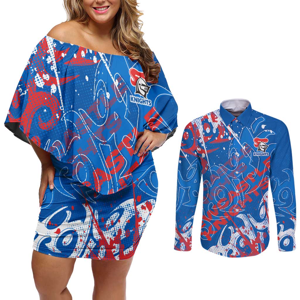 Personalized Newcastle Knights Rugby Couples Matching Off Shoulder Short Dress and Long Sleeve Button Shirt Urban Street Graffiti Style - Distressed Splatter Elements