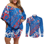 Personalized Newcastle Knights Rugby Couples Matching Off Shoulder Short Dress and Long Sleeve Button Shirt Urban Street Graffiti Style - Distressed Splatter Elements