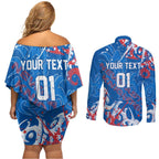 Personalized Newcastle Knights Rugby Couples Matching Off Shoulder Short Dress and Long Sleeve Button Shirt Urban Street Graffiti Style - Distressed Splatter Elements
