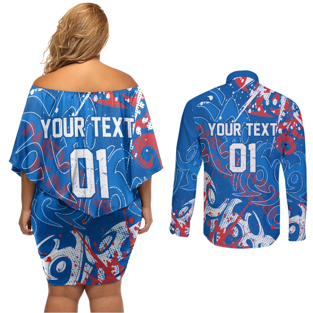 Personalized Newcastle Knights Rugby Couples Matching Off Shoulder Short Dress and Long Sleeve Button Shirt Urban Street Graffiti Style - Distressed Splatter Elements