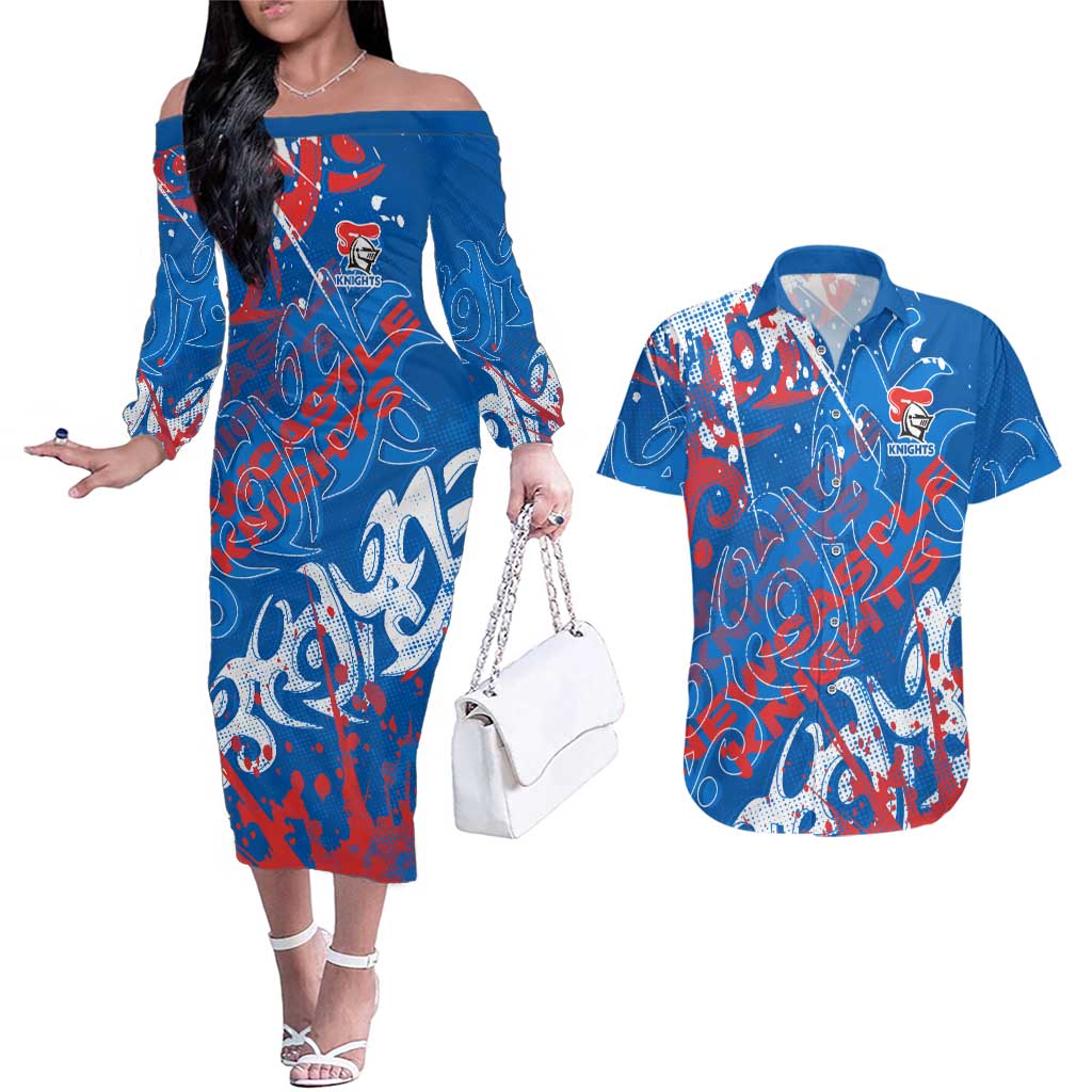 Personalized Newcastle Knights Rugby Couples Matching Off The Shoulder Long Sleeve Dress and Hawaiian Shirt Urban Street Graffiti Style - Distressed Splatter Elements
