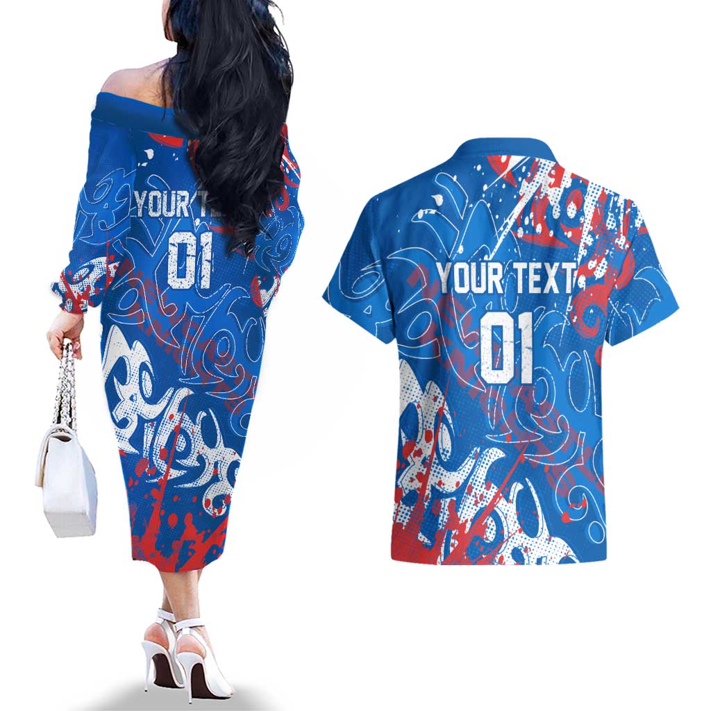 Personalized Newcastle Knights Rugby Couples Matching Off The Shoulder Long Sleeve Dress and Hawaiian Shirt Urban Street Graffiti Style - Distressed Splatter Elements