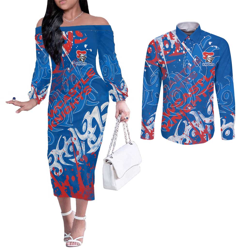 Personalized Newcastle Knights Rugby Couples Matching Off The Shoulder Long Sleeve Dress and Long Sleeve Button Shirt Urban Street Graffiti Style - Distressed Splatter Elements