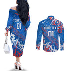 Personalized Newcastle Knights Rugby Couples Matching Off The Shoulder Long Sleeve Dress and Long Sleeve Button Shirt Urban Street Graffiti Style - Distressed Splatter Elements
