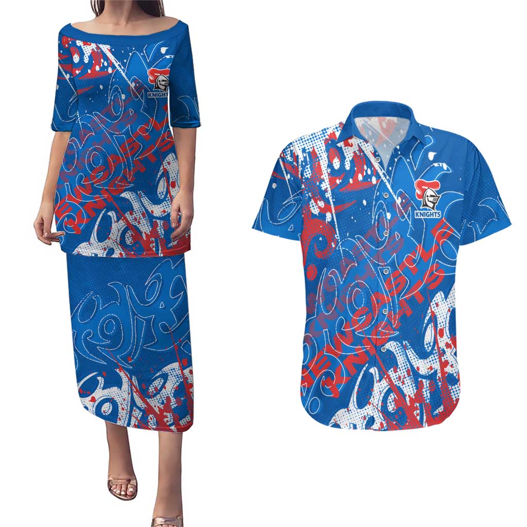 Personalized Newcastle Knights Rugby Couples Matching Puletasi and Hawaiian Shirt Urban Street Graffiti Style - Distressed Splatter Elements