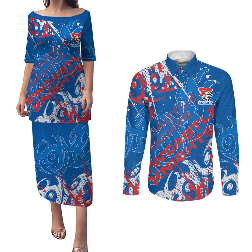 Personalized Newcastle Knights Rugby Couples Matching Puletasi and Long Sleeve Button Shirt Urban Street Graffiti Style - Distressed Splatter Elements