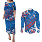 Personalized Newcastle Knights Rugby Couples Matching Puletasi and Long Sleeve Button Shirt Urban Street Graffiti Style - Distressed Splatter Elements