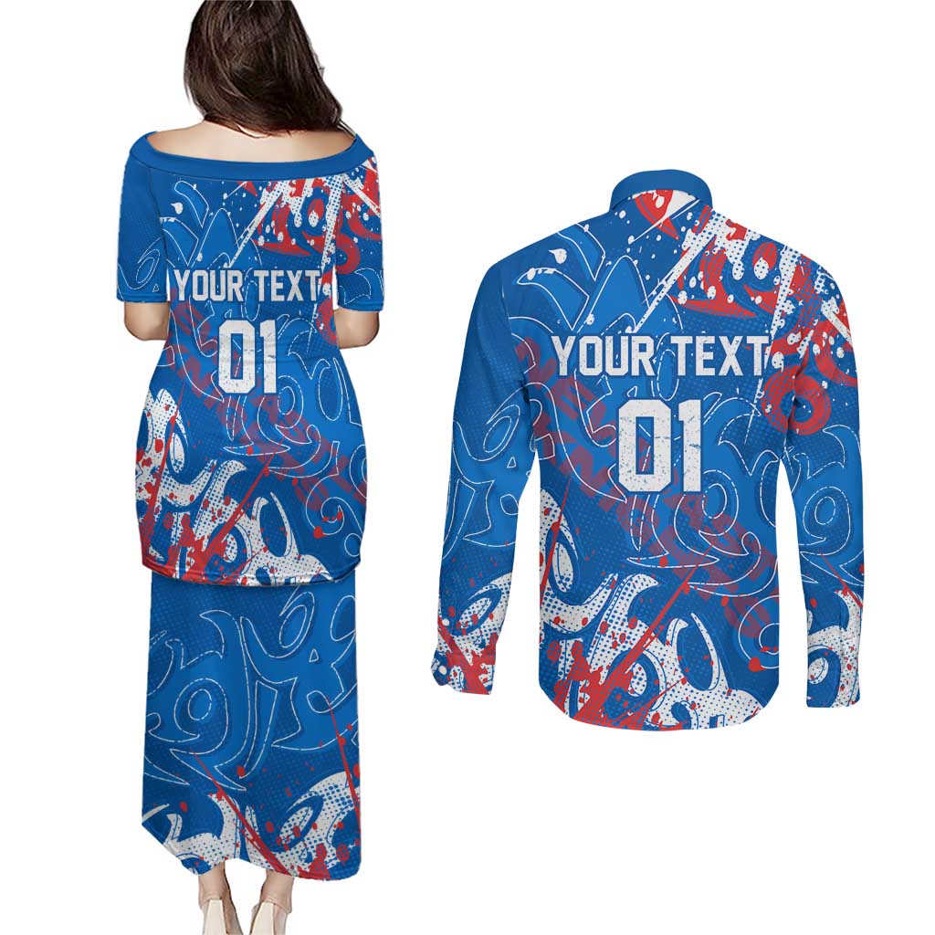 Personalized Newcastle Knights Rugby Couples Matching Puletasi and Long Sleeve Button Shirt Urban Street Graffiti Style - Distressed Splatter Elements