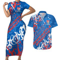 Personalized Newcastle Knights Rugby Couples Matching Short Sleeve Bodycon Dress and Hawaiian Shirt Urban Street Graffiti Style - Distressed Splatter Elements