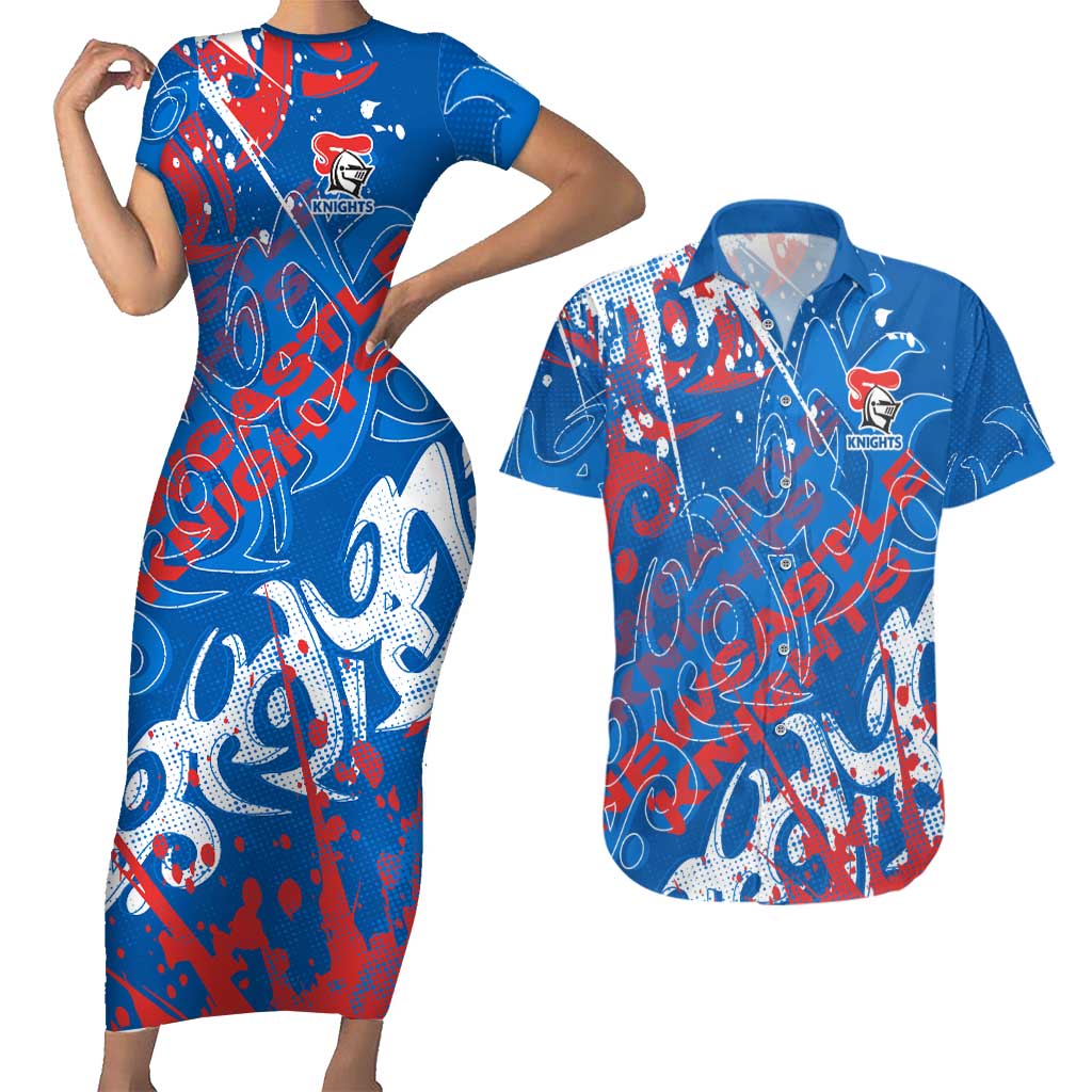 Personalized Newcastle Knights Rugby Couples Matching Short Sleeve Bodycon Dress and Hawaiian Shirt Urban Street Graffiti Style - Distressed Splatter Elements