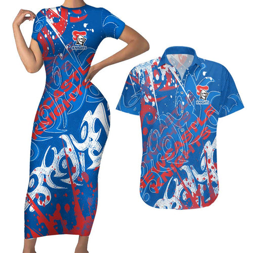 Personalized Newcastle Knights Rugby Couples Matching Short Sleeve Bodycon Dress and Hawaiian Shirt Urban Street Graffiti Style - Distressed Splatter Elements