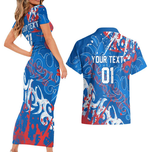 Personalized Newcastle Knights Rugby Couples Matching Short Sleeve Bodycon Dress and Hawaiian Shirt Urban Street Graffiti Style - Distressed Splatter Elements