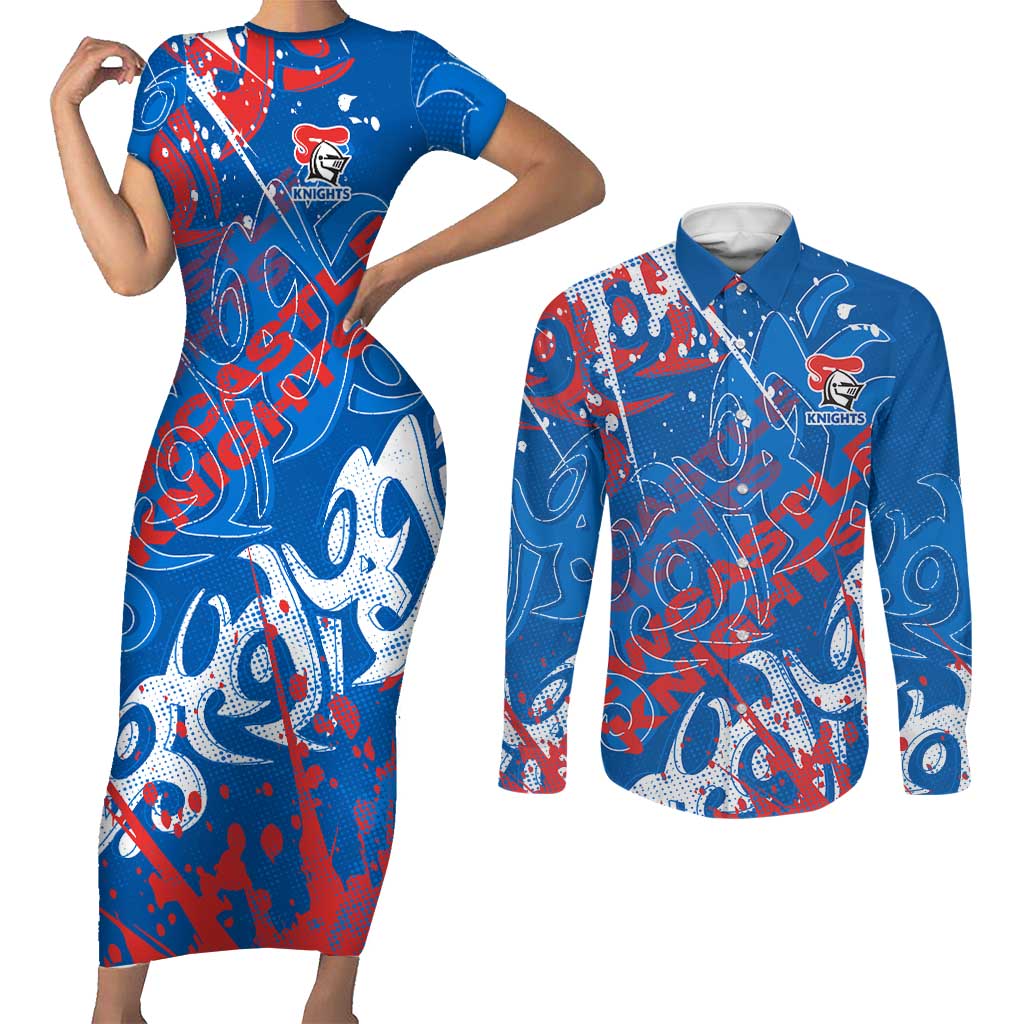 Personalized Newcastle Knights Rugby Couples Matching Short Sleeve Bodycon Dress and Long Sleeve Button Shirt Urban Street Graffiti Style - Distressed Splatter Elements